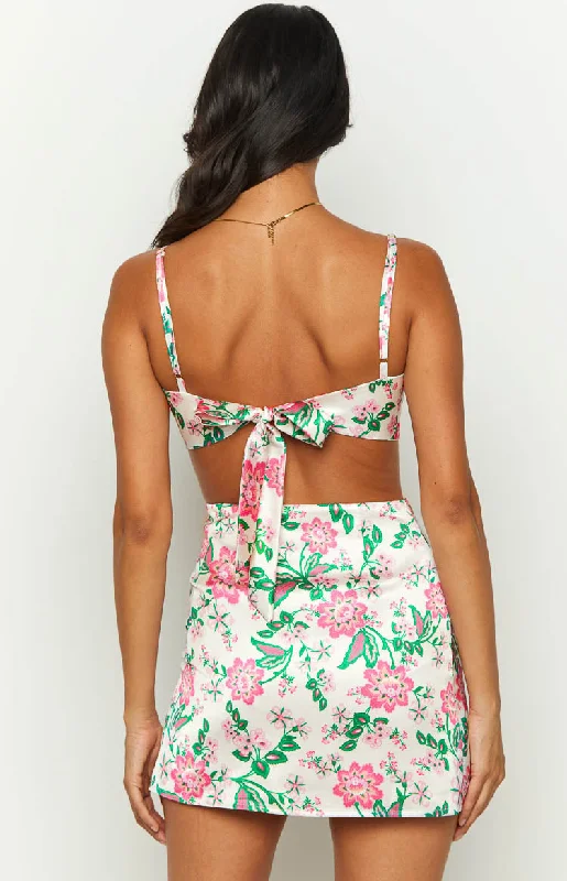 Miranda White Floral Tie Back Satin Crop Top