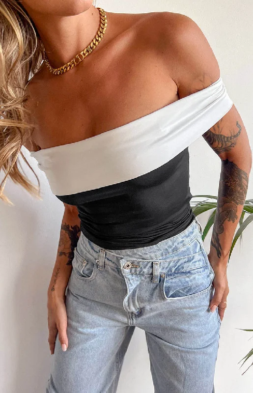 Paige Off Shoulder Black And White Contrast Top