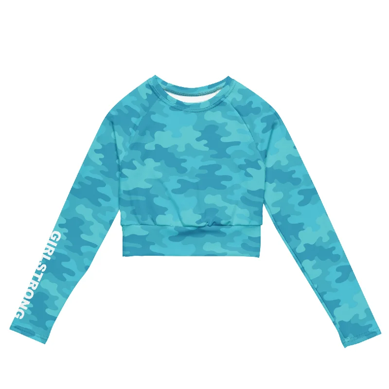 THE ESSENTIAL LONG SLEEVE FITTED CROP TOP TURQUOISE CAMO