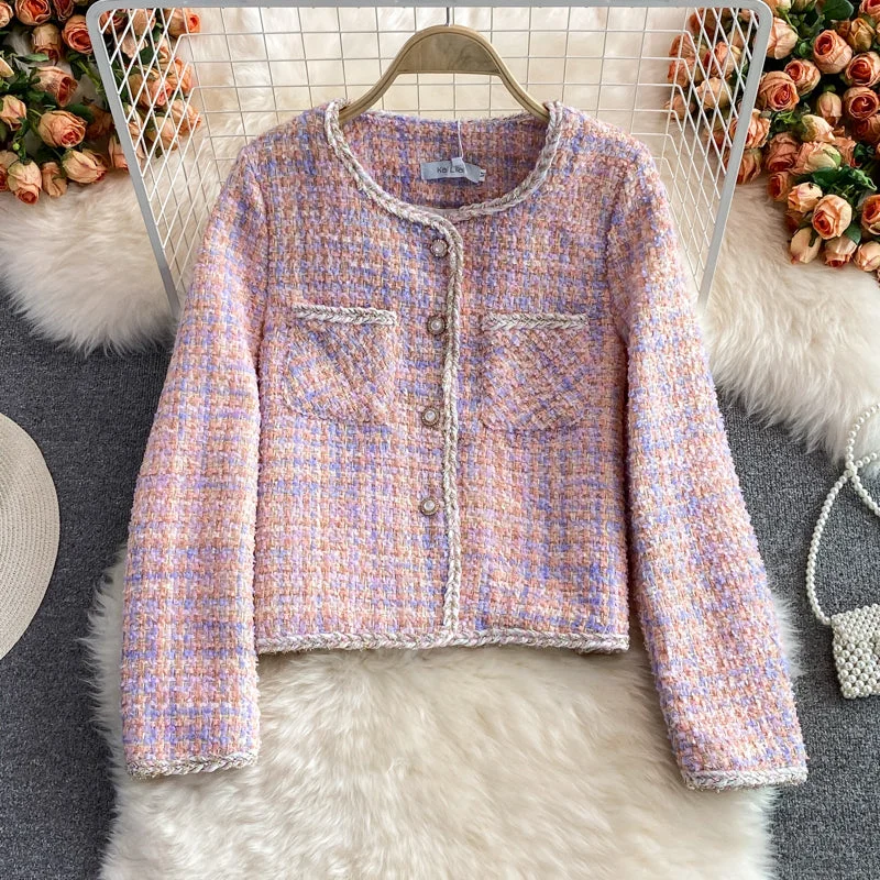 Tweed temperament top short pink coat female  1665