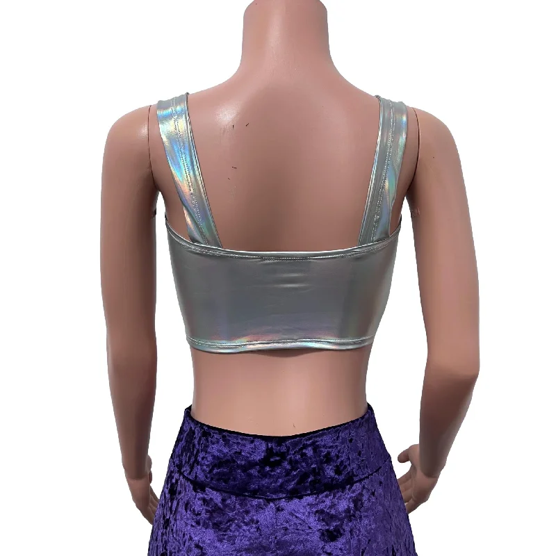 Wide Strap Square Neckline Crop Top - Opal Holographic