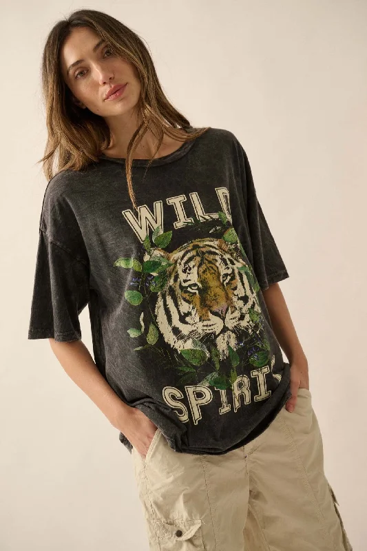 Wild Spirit Vintage-Wash Oversize Tiger Graphic Tee