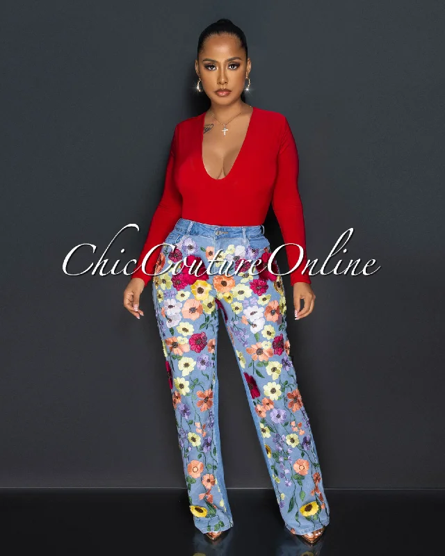 Alexus Light Denim Multi-Color Floral Applique Jeans