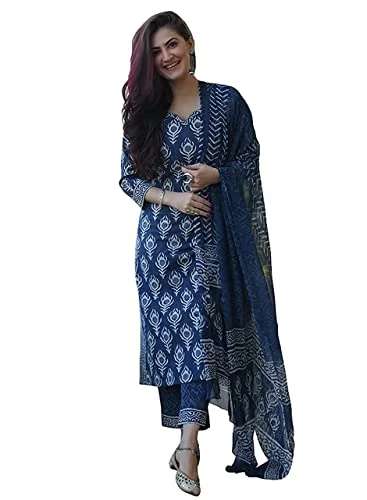 GoSriKi Women's Rayon Straight Printed Kurta with Pant & Dupatta (Bulgeriya Blue_XXL-GO_Blue_XX-Large)