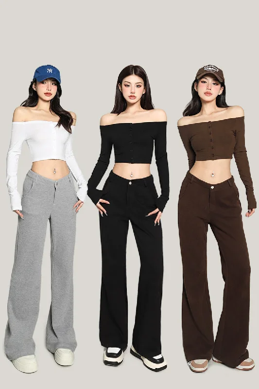 Jolie Solid Color V-shaped High Waist Loose Thin Wide-leg Straight Leg Pants