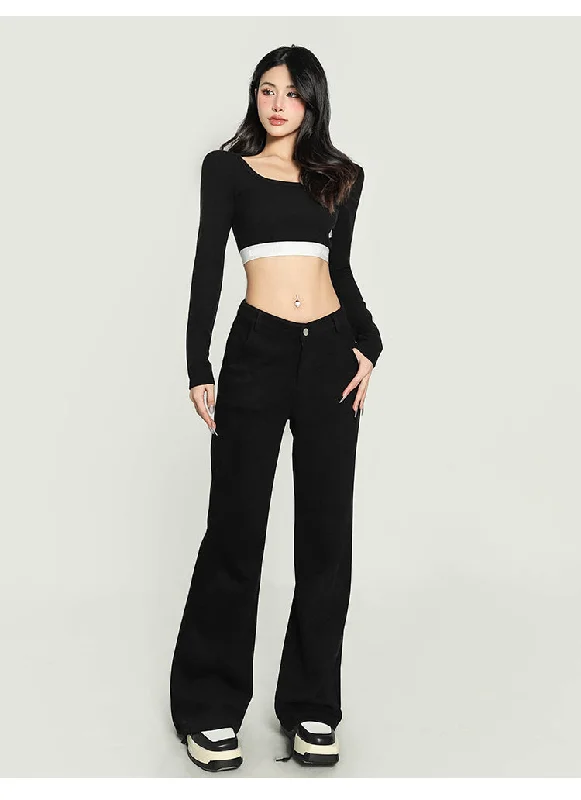 Jolie Solid Color V-shaped High Waist Loose Thin Wide-leg Straight Leg Pants