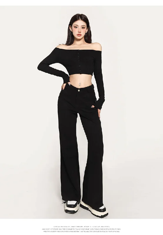 Jolie Solid Color V-shaped High Waist Loose Thin Wide-leg Straight Leg Pants