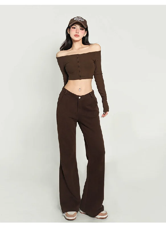 Jolie Solid Color V-shaped High Waist Loose Thin Wide-leg Straight Leg Pants