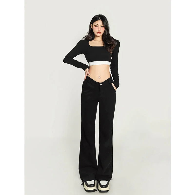 Jolie Solid Color V-shaped High Waist Loose Thin Wide-leg Straight Leg Pants