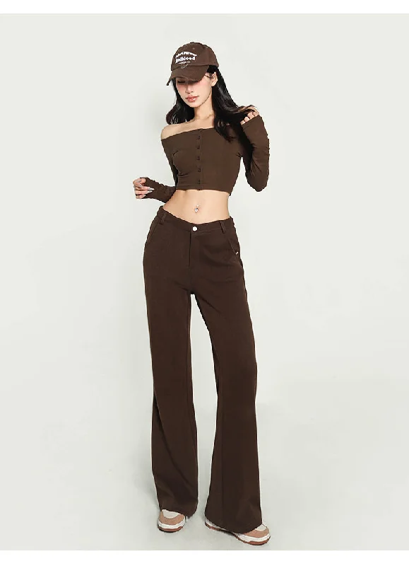 Jolie Solid Color V-shaped High Waist Loose Thin Wide-leg Straight Leg Pants