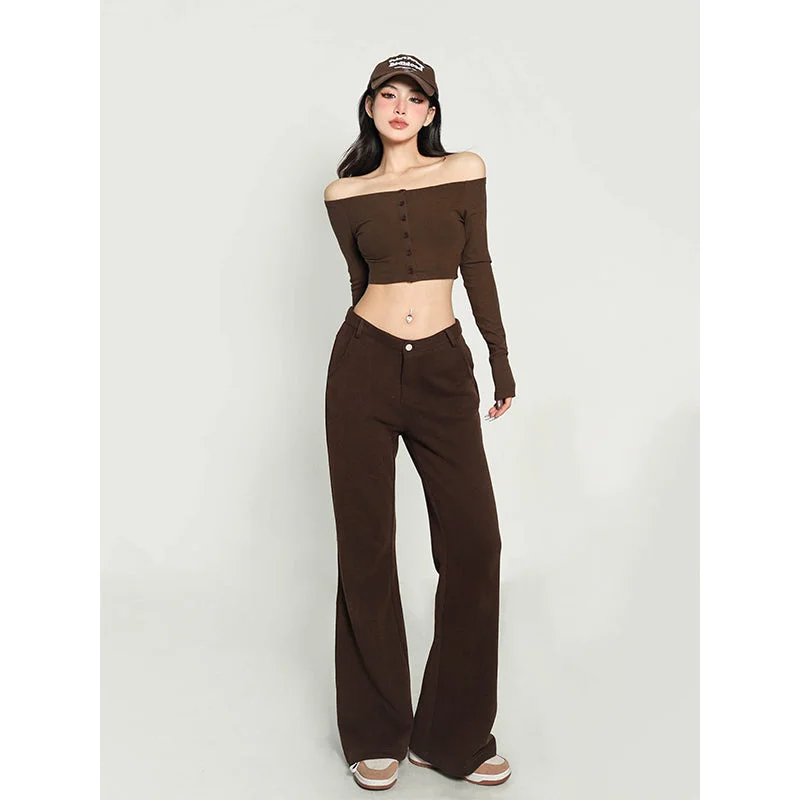 Jolie Solid Color V-shaped High Waist Loose Thin Wide-leg Straight Leg Pants