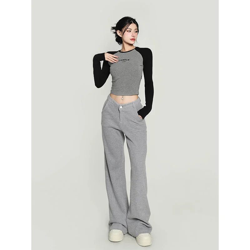 Jolie Solid Color V-shaped High Waist Loose Thin Wide-leg Straight Leg Pants