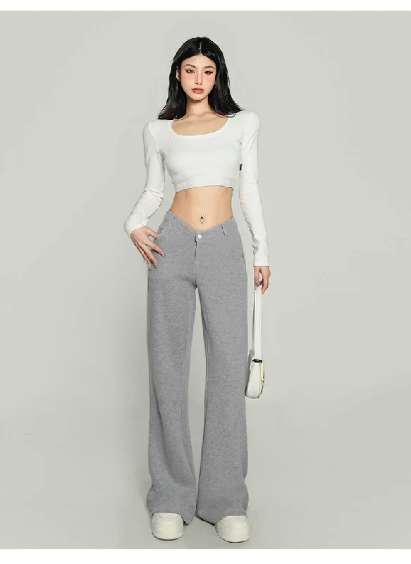 Jolie Solid Color V-shaped High Waist Loose Thin Wide-leg Straight Leg Pants