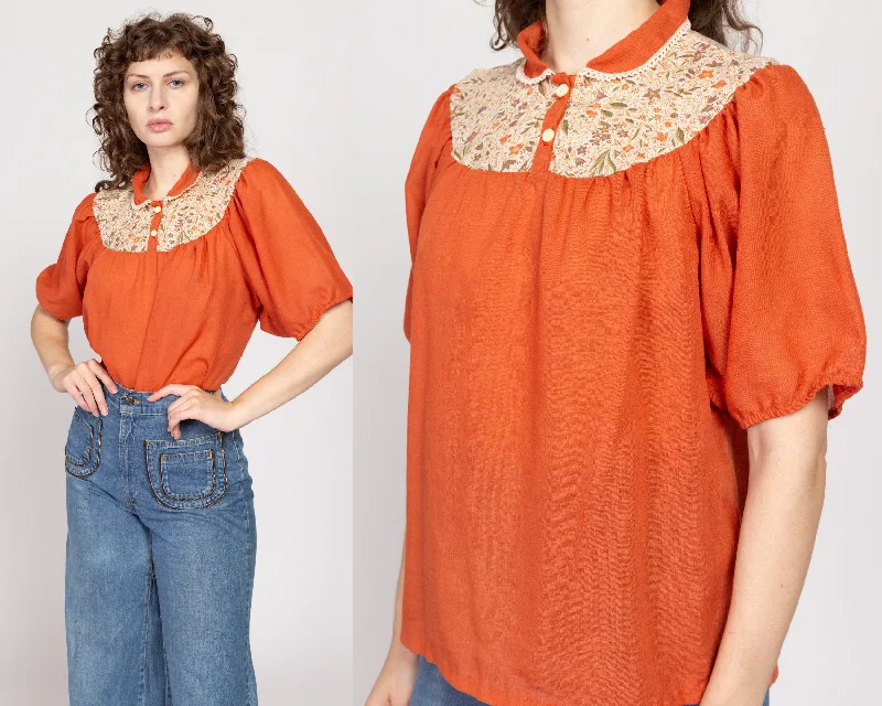 Large 70s Burnt Orange Gauzy Puff Sleeve Peasant Blouse