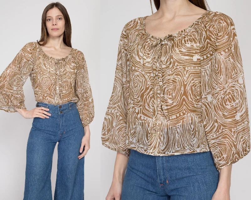 Med-Lrg 70s Boho Sheer Abstract Print Balloon Sleeve Blouse