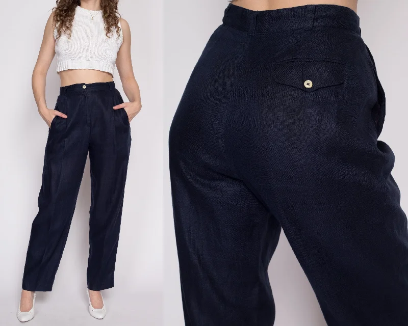 Medium 80s Midnight Blue Linen High Waisted Trousers 27.5""