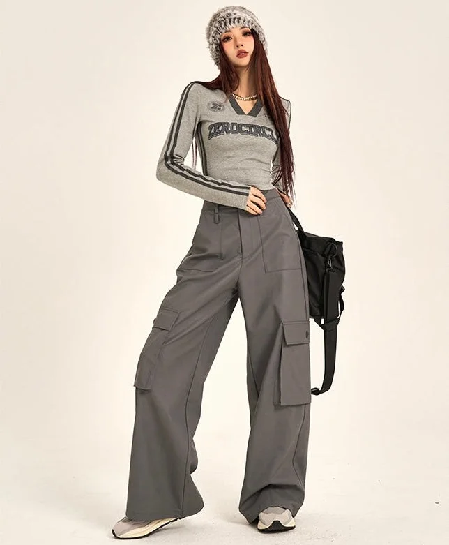 Myla Solid Color Dark Grey Straight Leg Cargo Pants