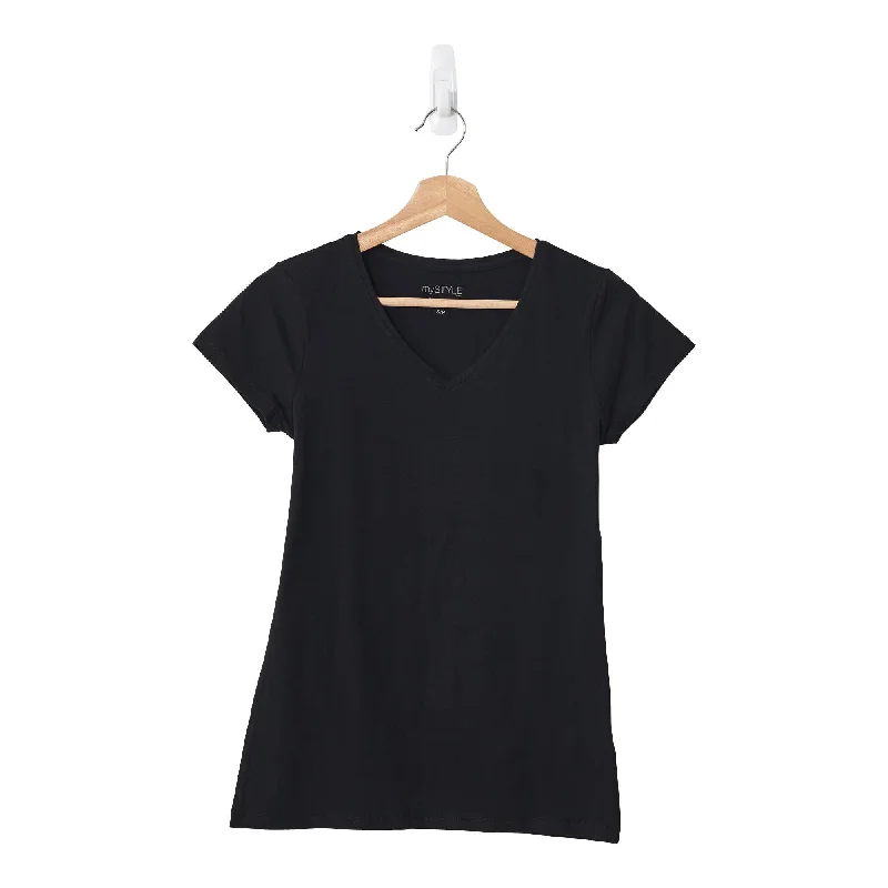 mySTYLE Women's Short Sleeve Stretch V-Neck T-Shirt, Black