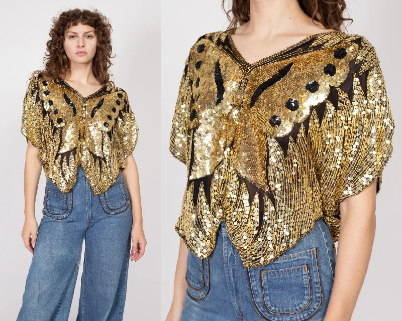 One Size 80s Gold Sequin Silk Butterfly Top