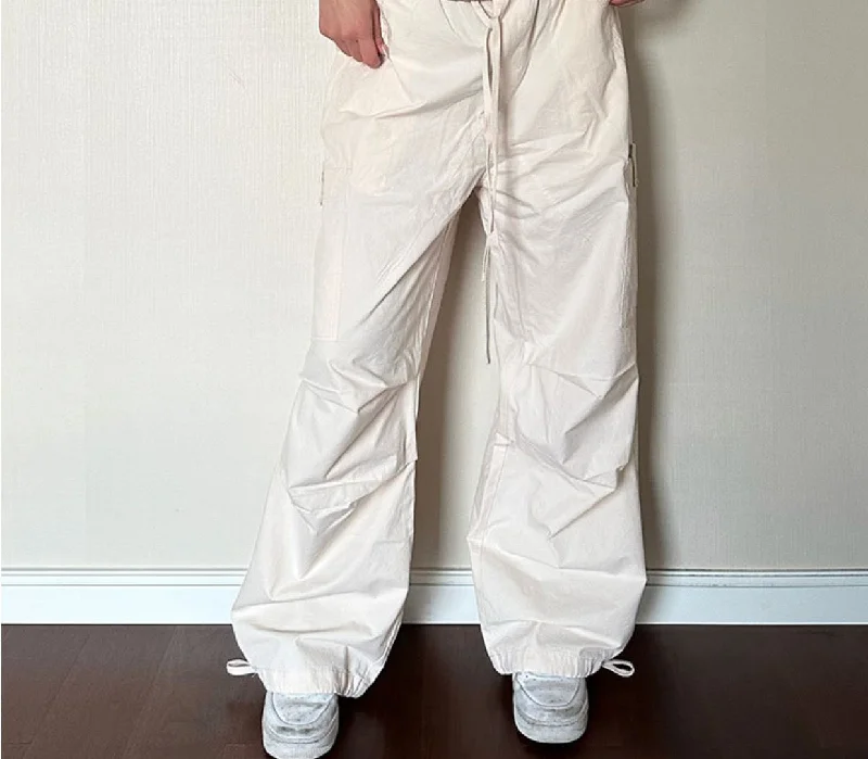 Princeley Vintage Streetwear Casual Elasticated Drawstring Pleated Straight Loose Pocket Cargo Parachute Pants