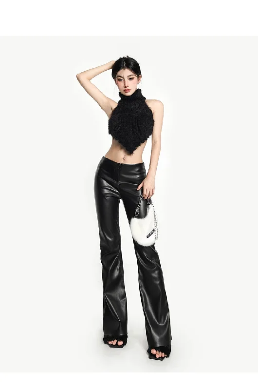 Tera Solid Color Low Waist Y2k Flare Pu Leather Long Pants