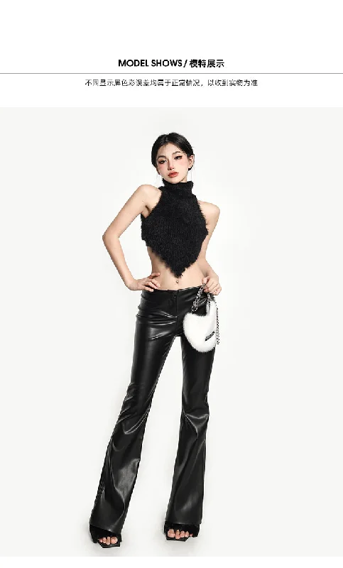 Tera Solid Color Low Waist Y2k Flare Pu Leather Long Pants