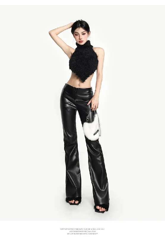 Tera Solid Color Low Waist Y2k Flare Pu Leather Long Pants