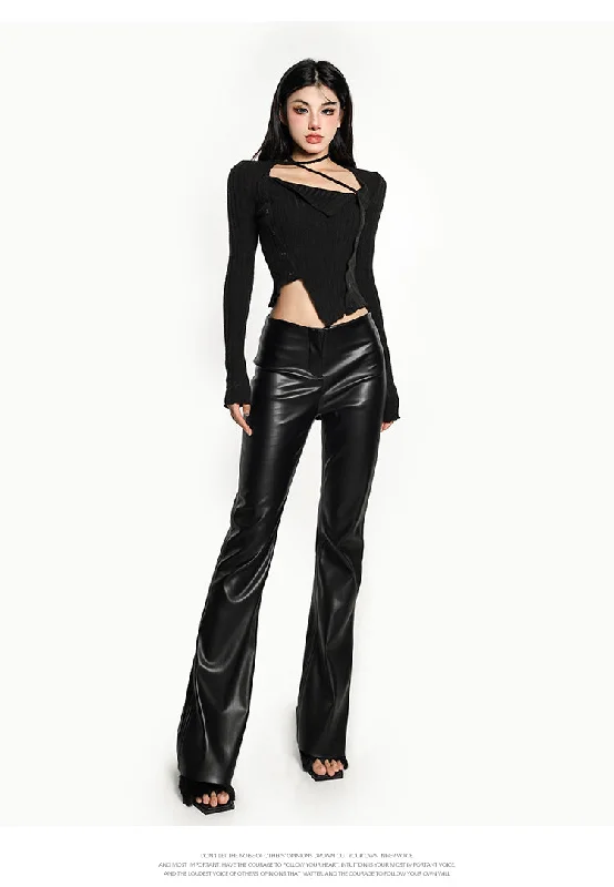 Tera Solid Color Low Waist Y2k Flare Pu Leather Long Pants