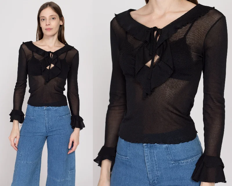 XS Y2K Sheer Black Bell Sleeve Keyhole Top